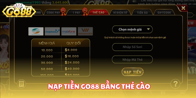 nạp tiền go88 qua thẻ cào
